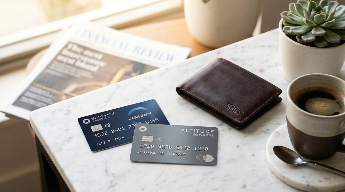 Modern no-annual-fee cash back credit cards on a minimalist marble counter