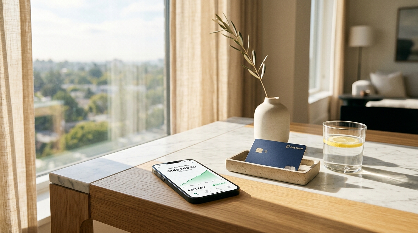 A sunlit modern desk with a phone showing 4.8% APY high yield savings growth and a metallic debit card