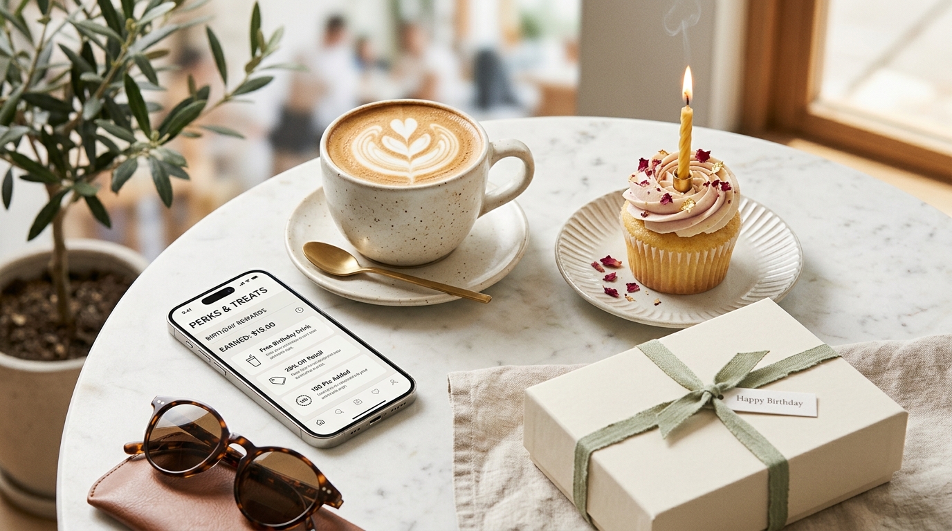 A celebratory birthday morning coffee, cupcake, gift box, and phone rewards app