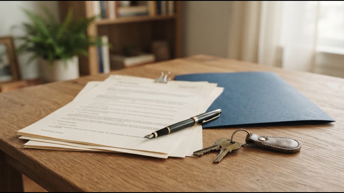 Estate planning documents, a pen, and house keys on a table