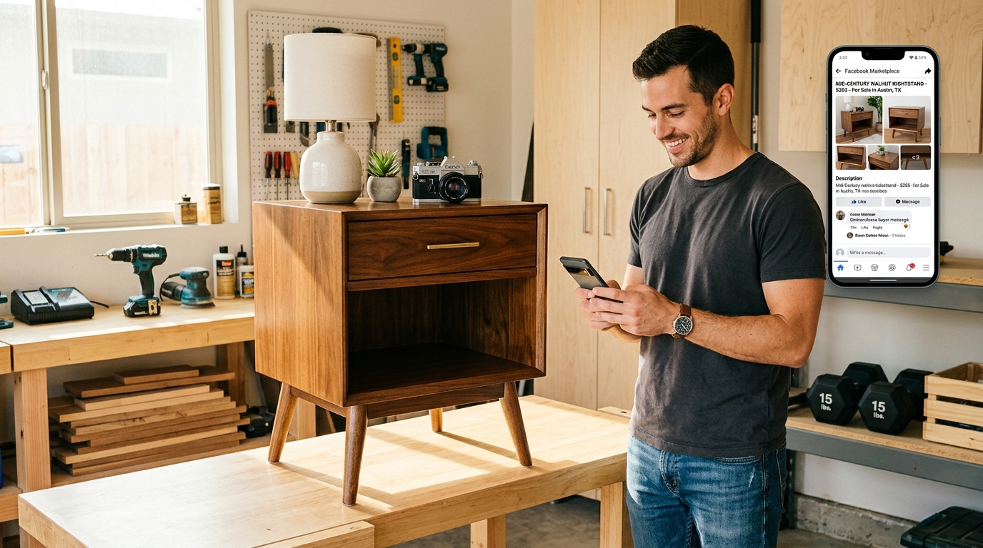 A cheerful man in a bright workshop with a restored mid-century nightstand and a phone listing it on Facebook Marketplace