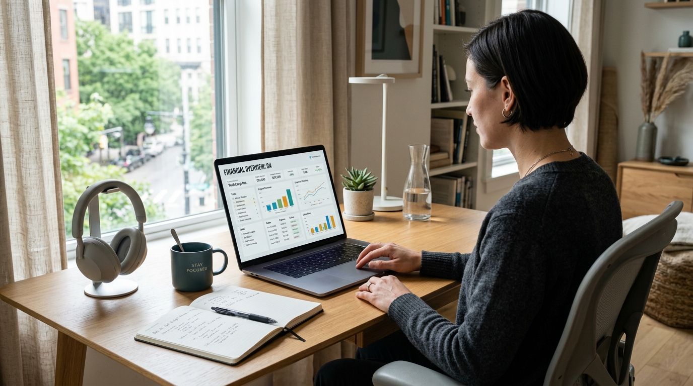 Modern organized home workspace with laptop showing task dashboard and coffee