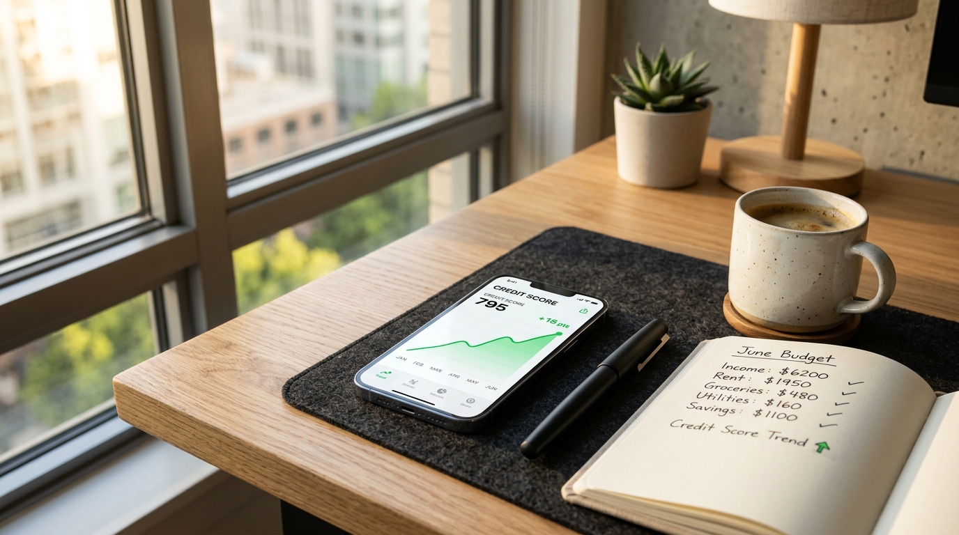 A clean wooden desk with a smartphone showing a high credit score chart trending upward, a notebook, coffee, and sunlight