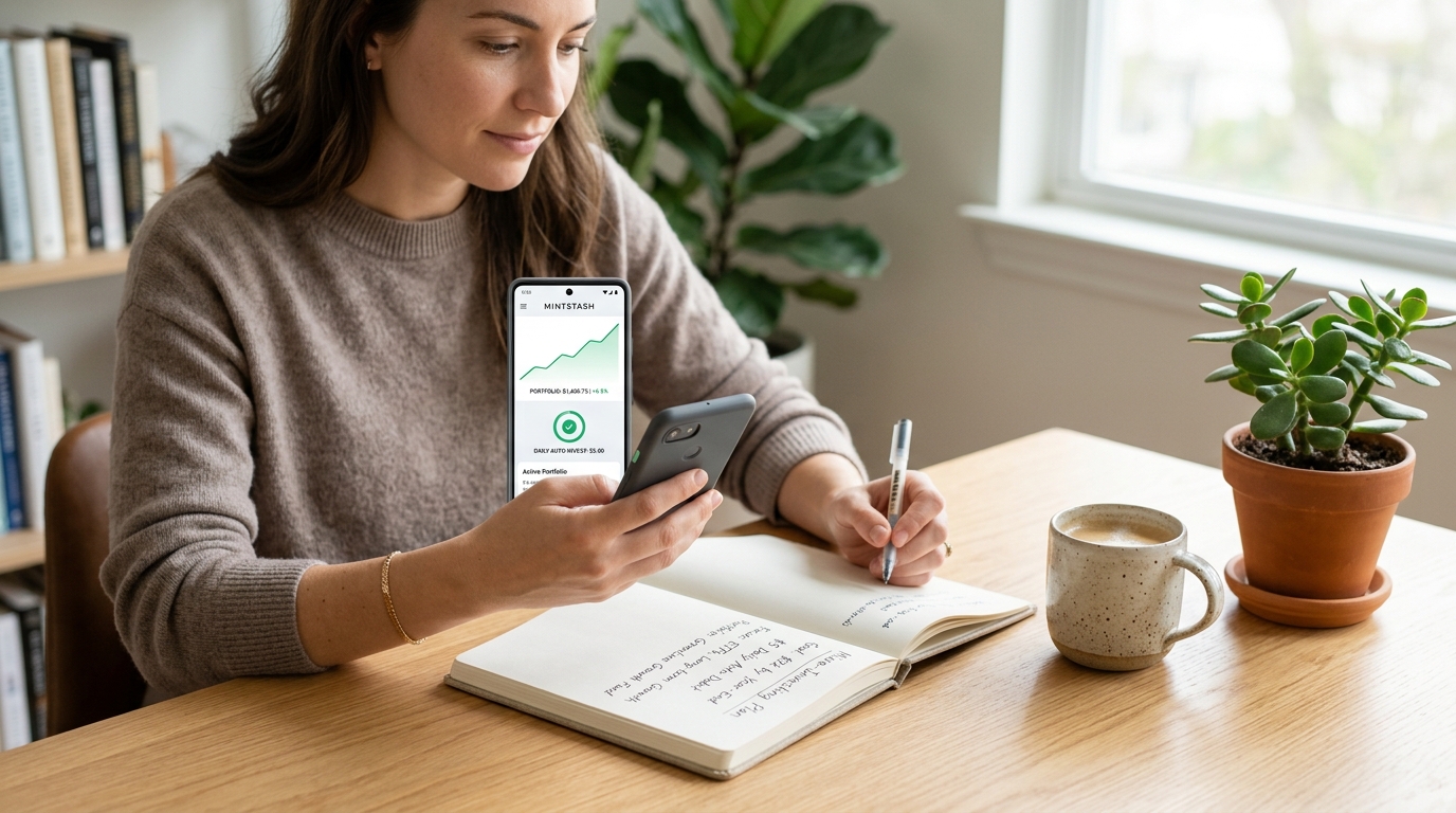 A modern desk with a phone showing 5 dollar daily micro-investing growth, a notebook, coffee, and a thriving jade plant