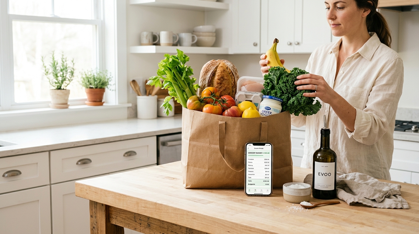 A sunny kitchen island with a paper grocery bag of fresh produce, bread, and a phone with a receipt rebate app