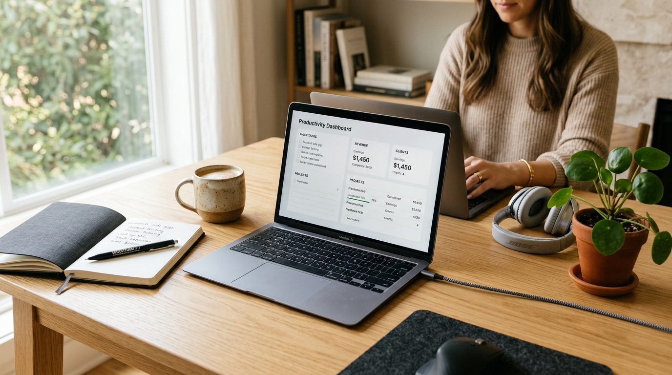 A clean, aesthetic remote work desk with an open laptop, notebook, coffee, and headphones