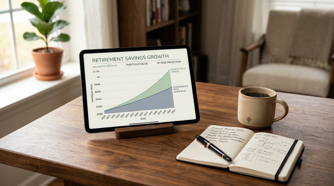 A modern desk with a tablet displaying retirement savings compound growth curves, a fountain pen, and financial planning notes