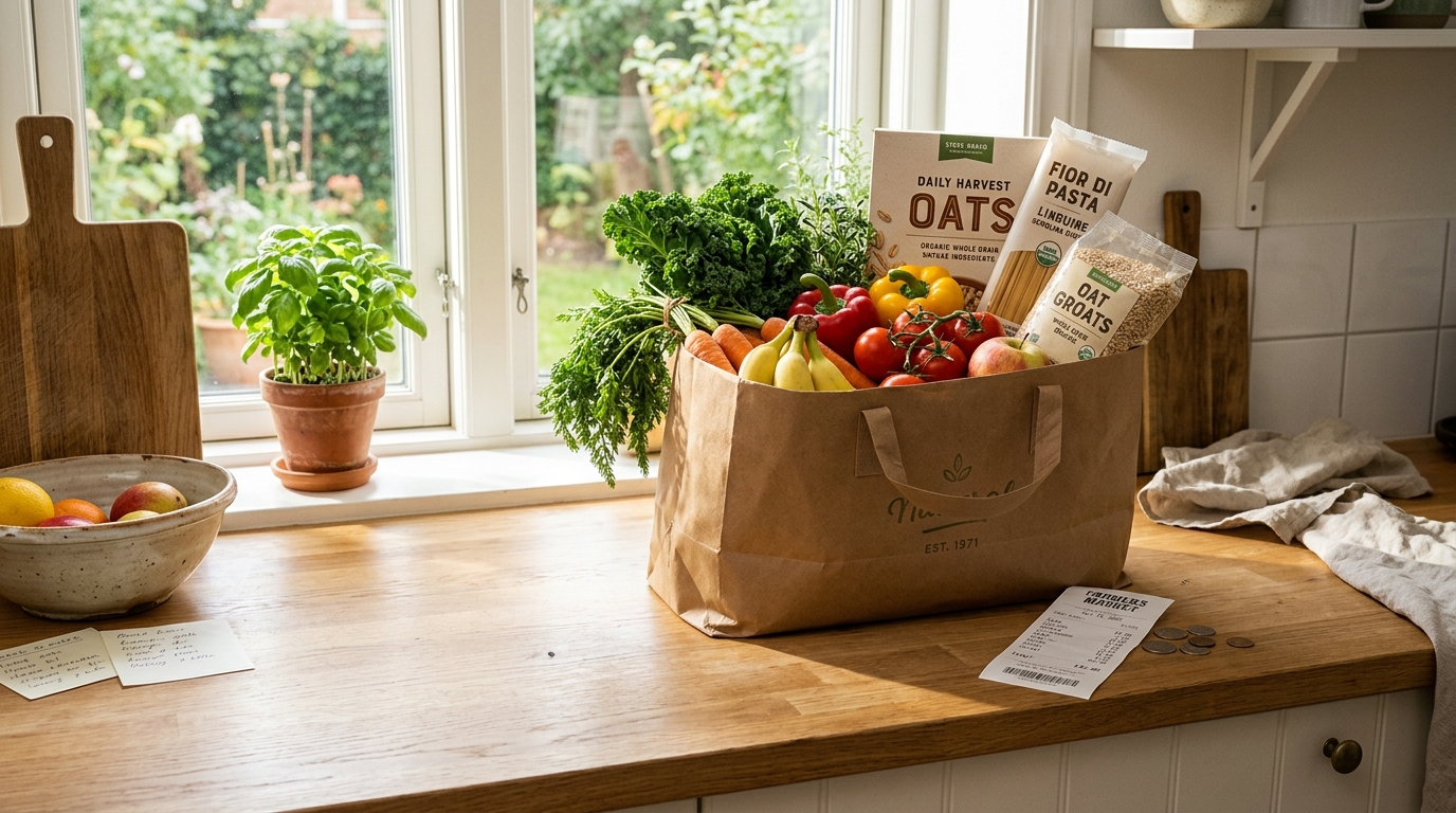 Paper grocery tote bag with fresh produce, store-brand staples, and cost comparison receipt