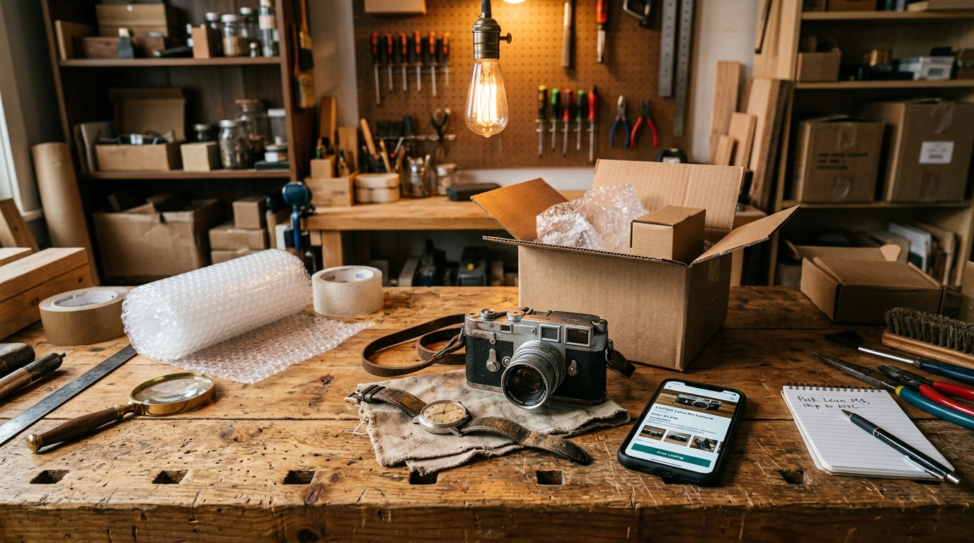 Rustic workshop workbench with vintage collectibles, packing materials, and selling app