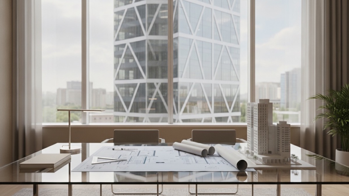 An office window overlooking commercial buildings with architectural plans on a table