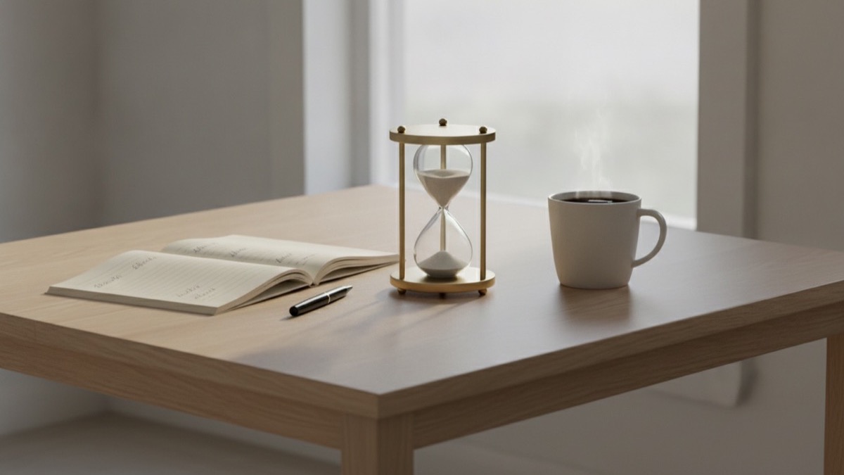 Classic analog hourglass, personal budget notebook, and coffee mug on a kitchen table