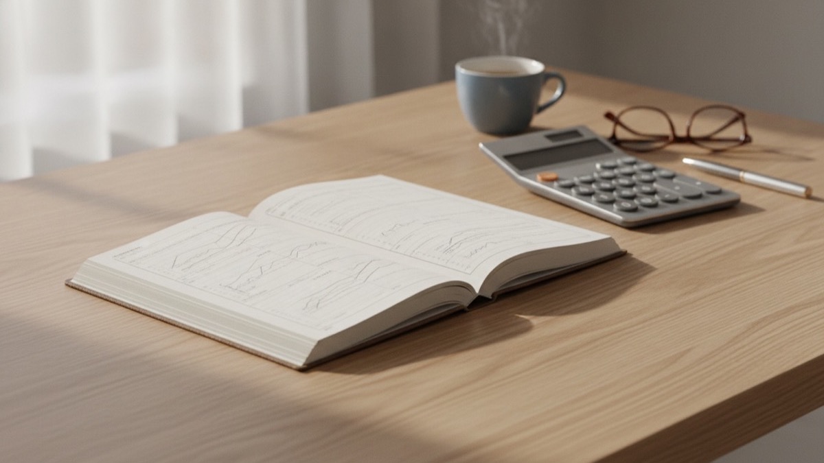 Loan amortization schedule ledger, calculator, and pen on an oak office desk