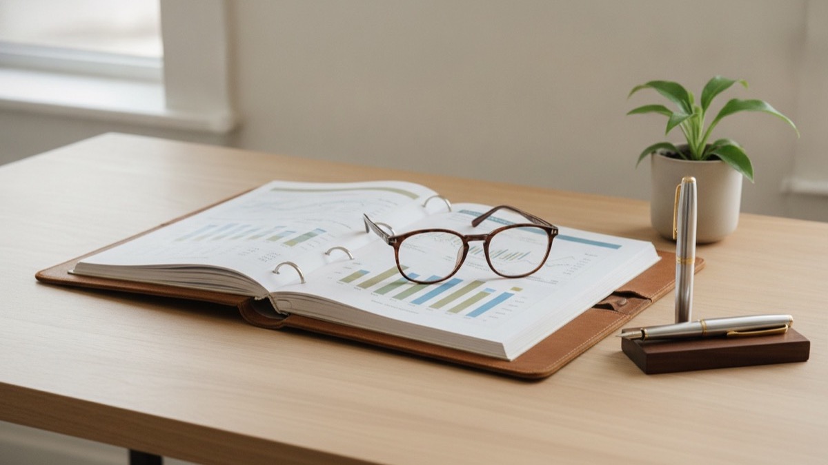 An open leather portfolio with paperwork, glasses, and a pen on an office desk