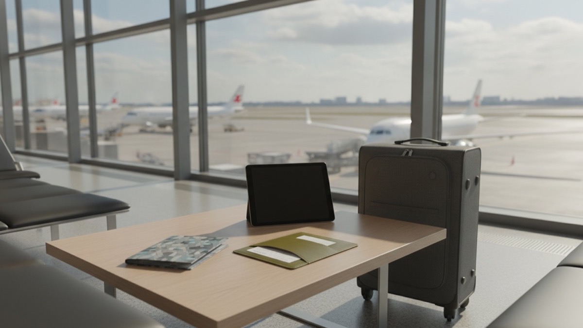 Carry-on luggage, travel documents, and tablet on a terminal table overlooking the airport tarmac