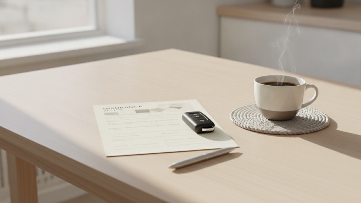 Car insurance policy declarations document and car key fob on a sunlit wooden table
