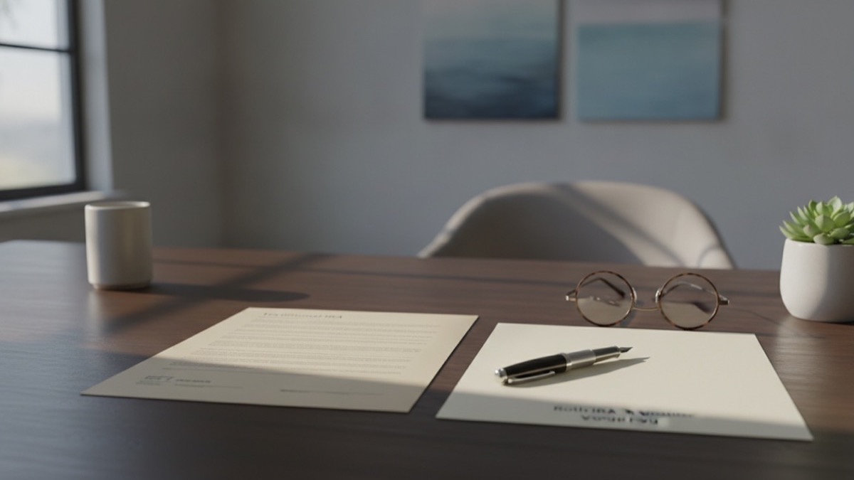 Financial planning paperwork, IRS tax forms, and fountain pen on executive desk