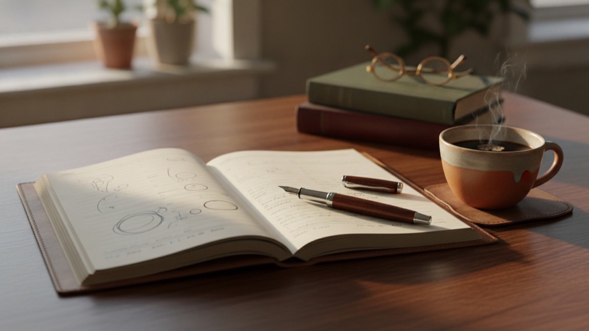 A financial planning ledger, fountain pen, and coffee mug on a wooden desk