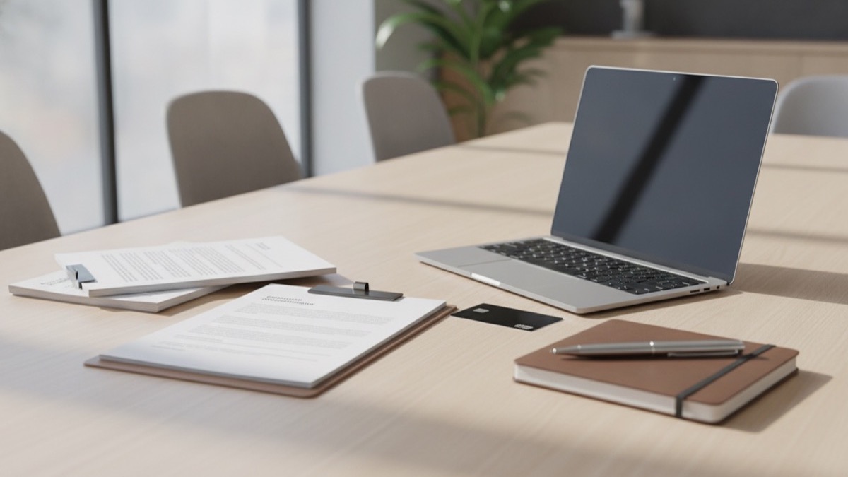 Commercial checking account agreements, corporate card, and laptop on an executive office desk