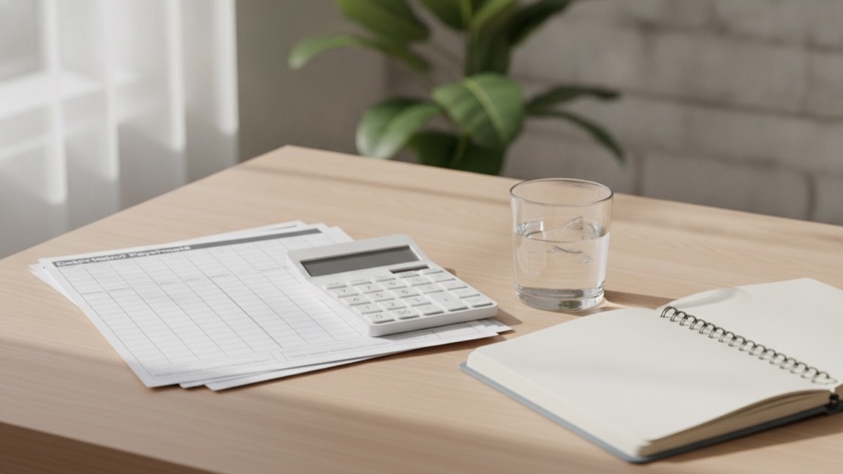 A calculator, notebook, and organized financial paperwork on a clean desk