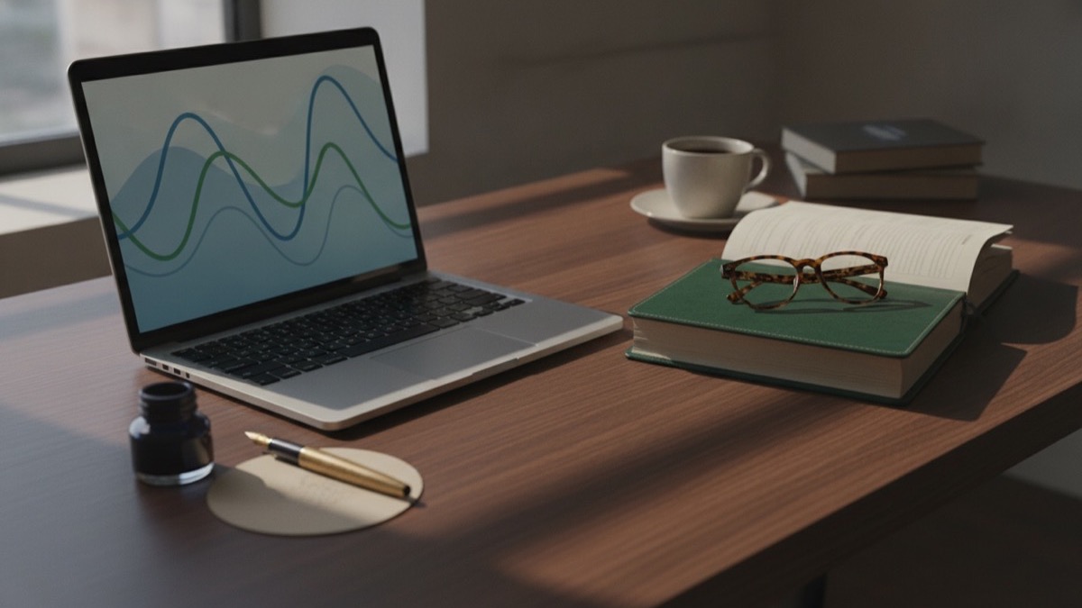 Financial investment portfolio papers, laptop with charts, and fountain pen on an advisor desk
