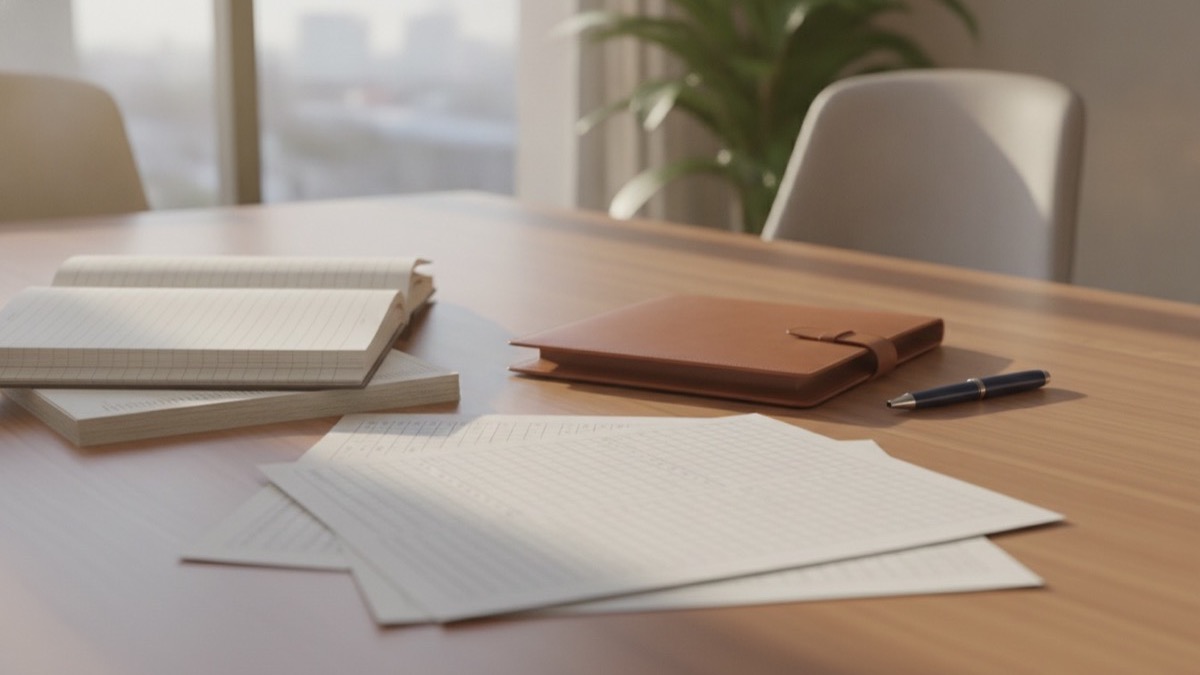 Charitable giving tax strategy ledgers and financial paperwork on a wooden conference table