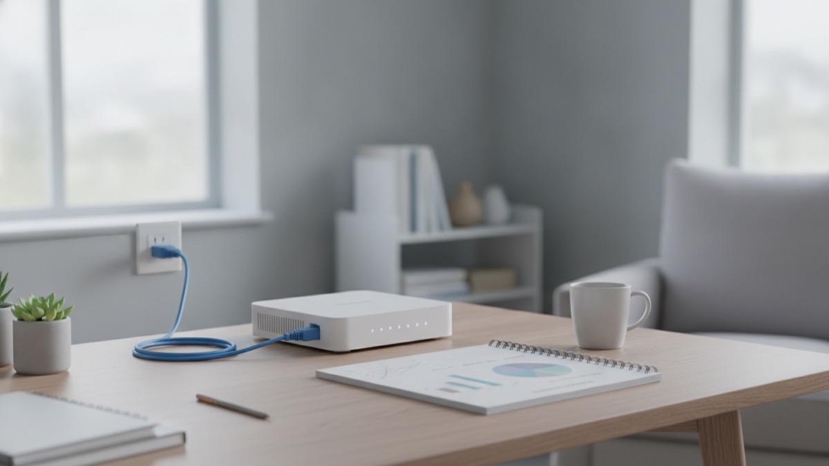 High-speed fiber optic router and a billing comparison notebook on a home desk