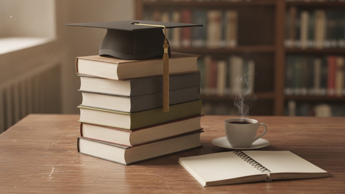 A graduation cap resting on textbooks and a notebook on a library study table