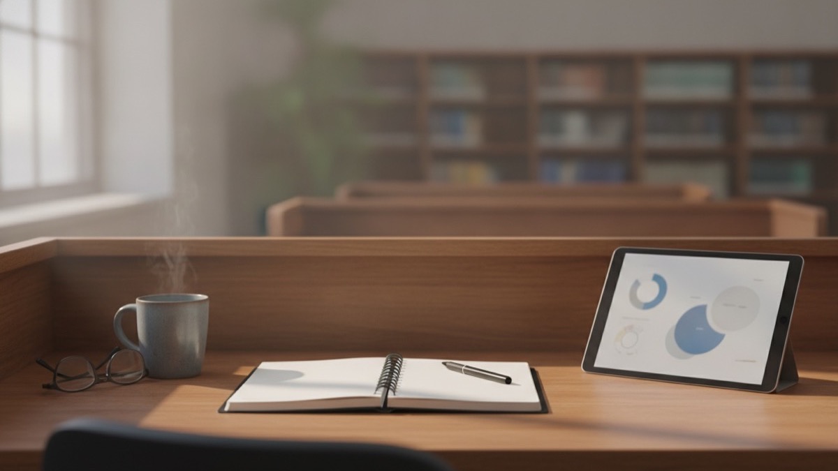 An open academic planner, tablet, and pen on a solid wood library study desk
