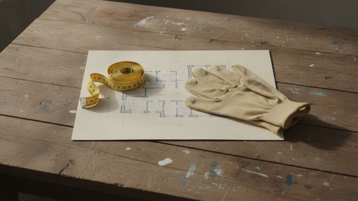Home renovation blueprints, measuring tape, and work gloves on a workbench