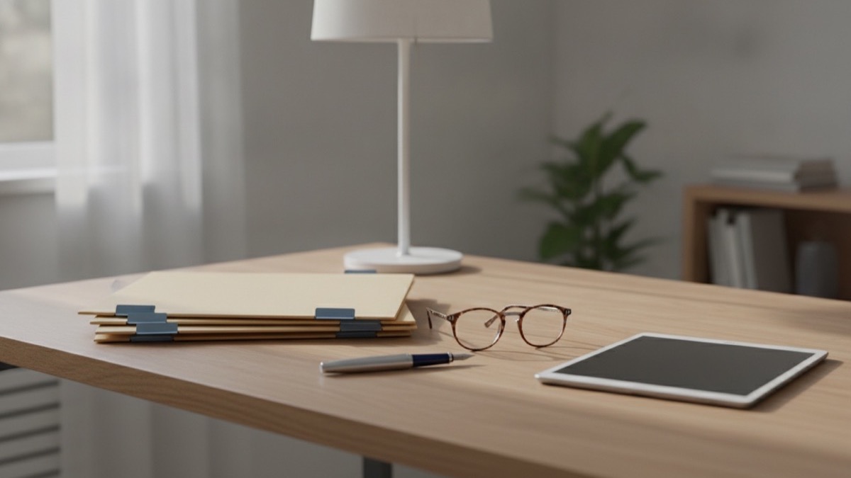 A desk with medical folders, paperwork, reading glasses, and a pen in soft daylight
