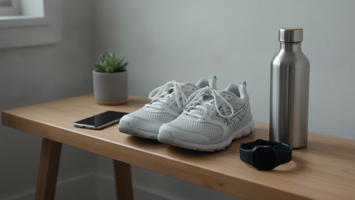 Running shoes, fitness tracking smartwatch, and smartphone on a sunlit wooden bench