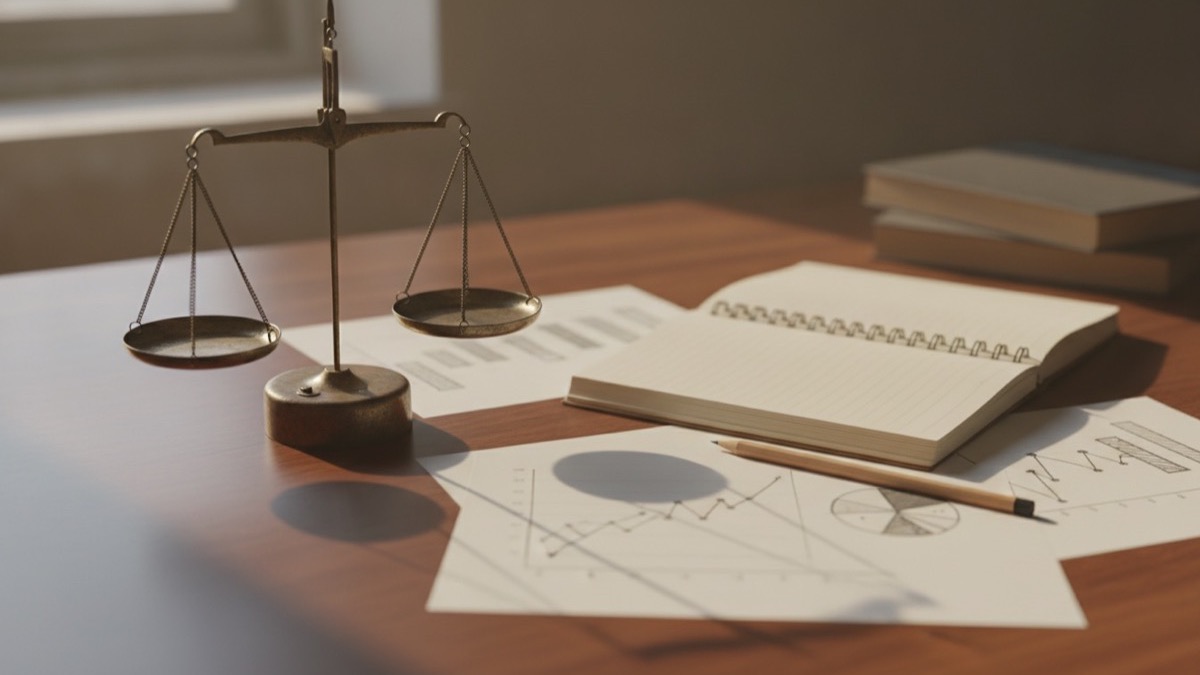 A brass balance scale resting on a desk next to investment summary documents