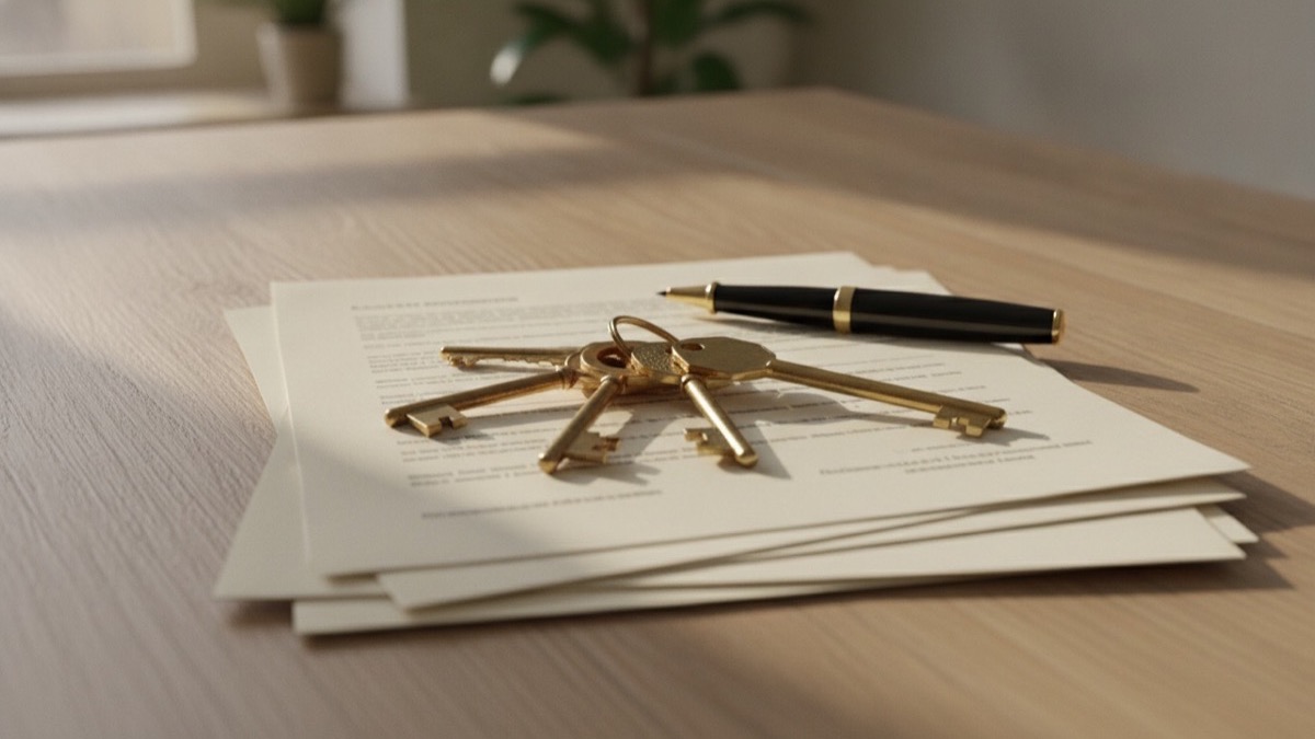 House keys resting on top of home loan documents and paperwork on a table
