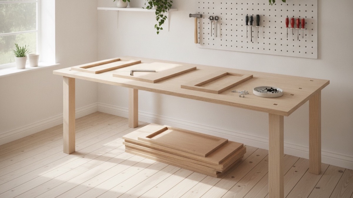 Wooden furniture assembly parts, hardware screws tray, and hex key on a workshop table