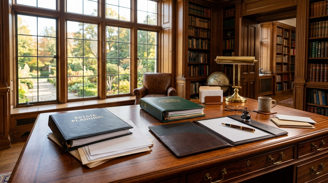 Estate planning desk with IRA distribution documents, financial ledger, and fountain pen