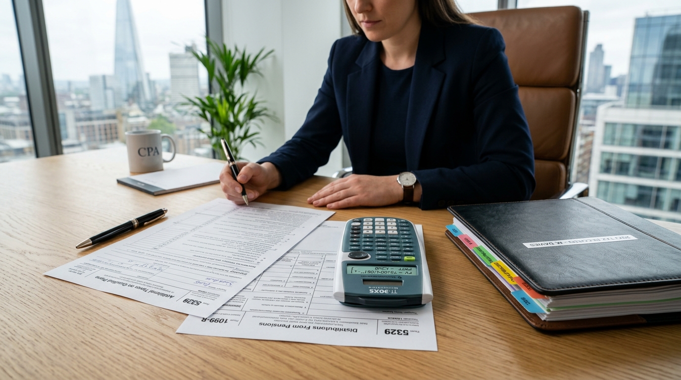 CPA tax accounting desk with IRS Form 5329, Form 1099-R distribution paperwork, calculator, and audit binder