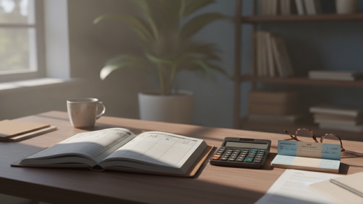 Tax installment agreement ledger, calculator, and checkbook on a wooden desk