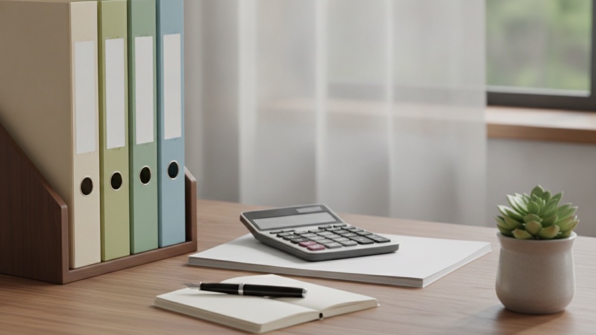 Organized financial folders, a calculator, and a fountain pen on an office desk
