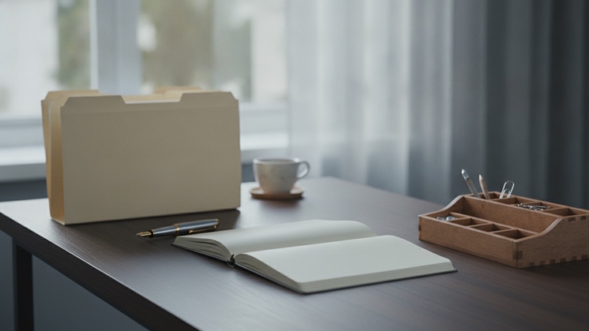 Manila document folders, a pen, and an organizer on a wooden desk