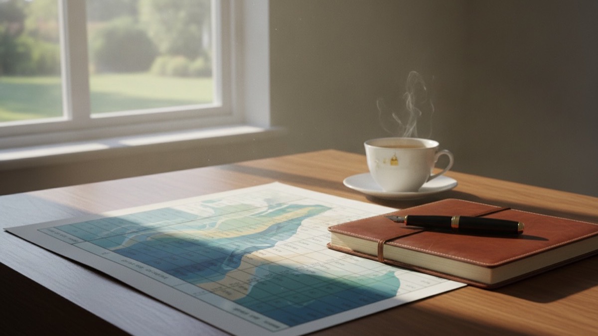 Actuarial distribution calculation table and notebook on a sunlit wooden desk