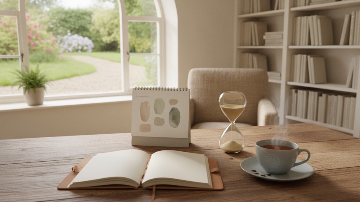 A sunlit wooden desk with a notebook, pen, and hourglass overlooking a garden