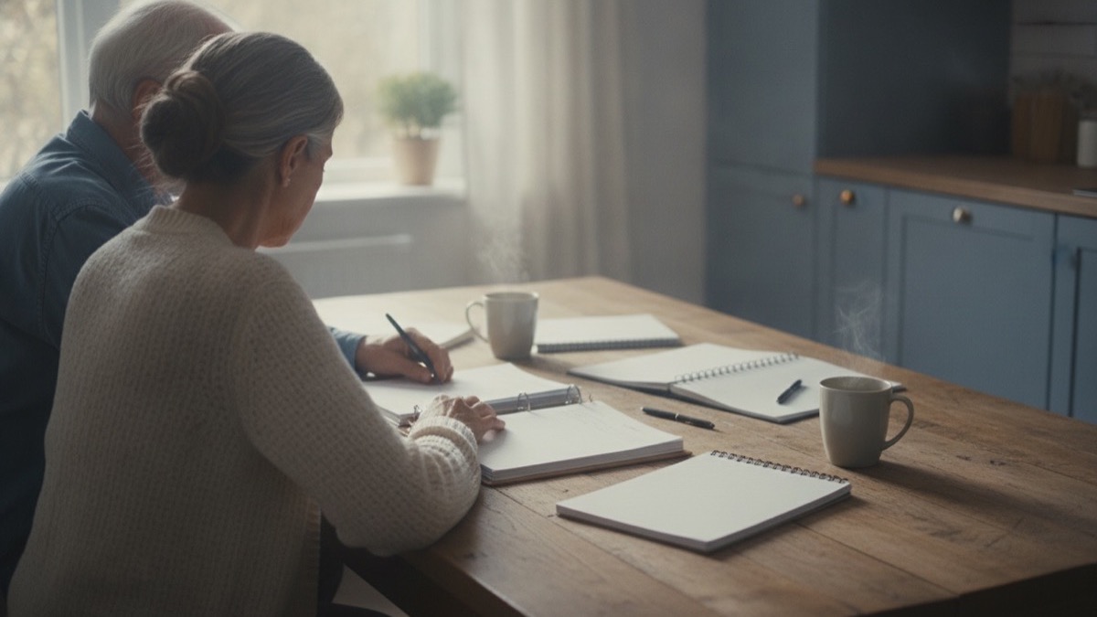 A senior couple reviewing financial papers and folders at a wooden kitchen table