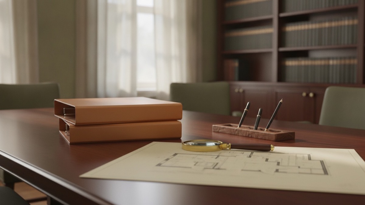 House keys resting on property deed documents and an organizer on a sunlit wooden desk