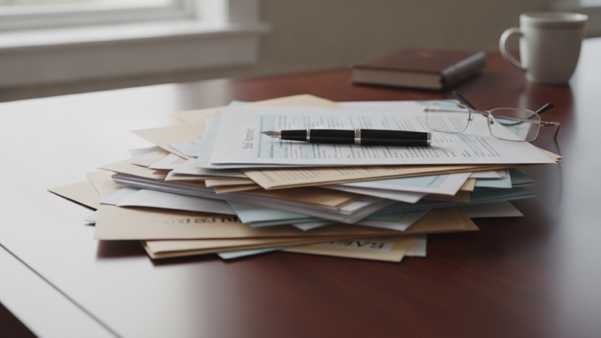 Social Security forms, document folders, and reading glasses on a wooden desk