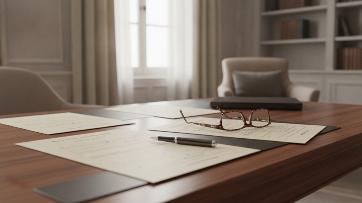 Retirement savings advisory papers, tax forms, and pen on an executive wealth management desk