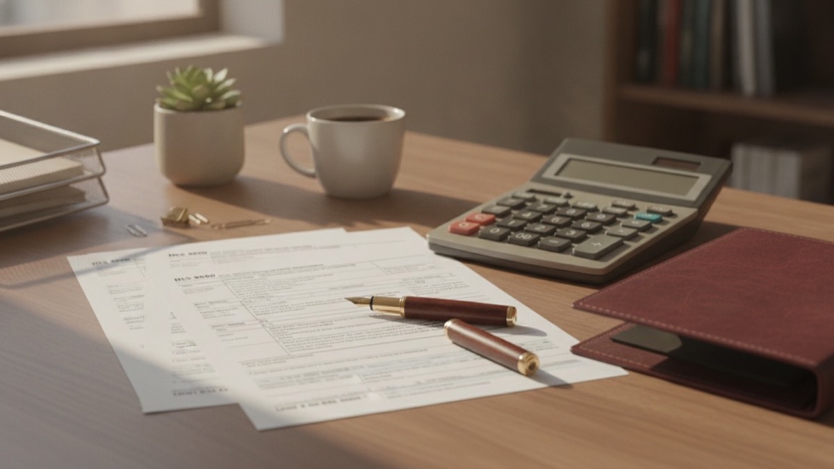 IRS Form 8960 Net Investment Income Tax calculation worksheets and calculator on an office desk