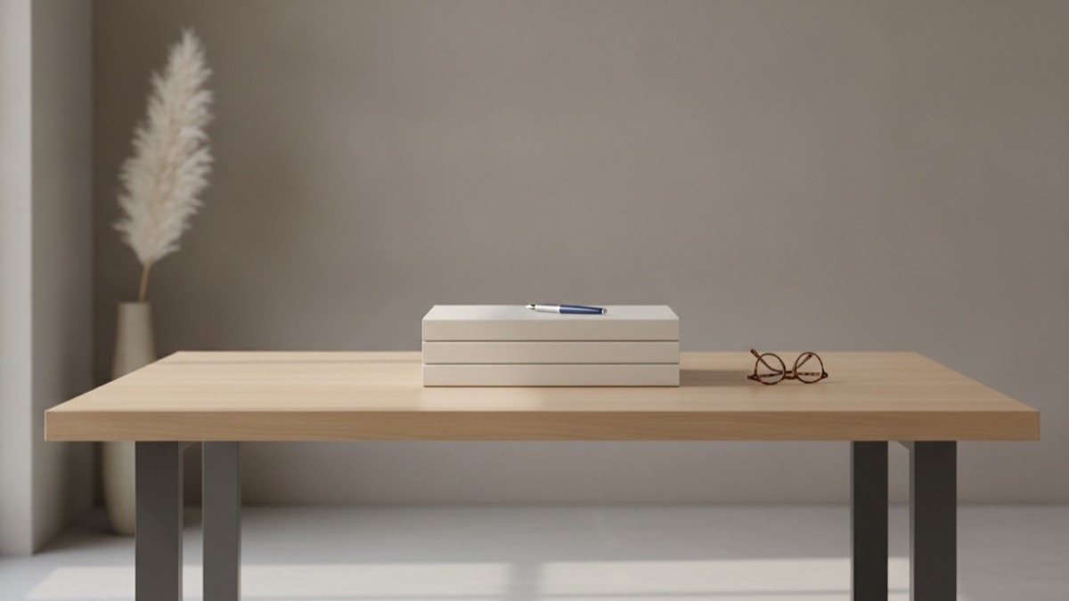 Executive consultation desk with financial folders, fountain pen, and glasses in natural light