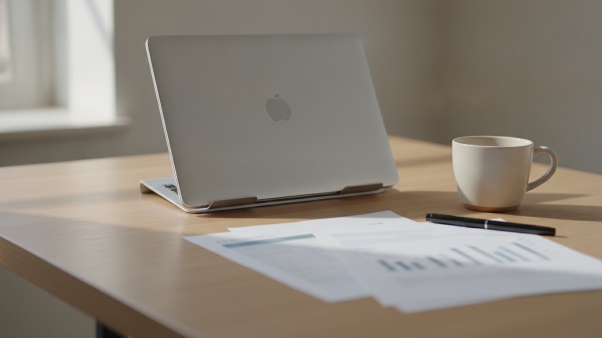 A clean desk workspace with a laptop, notebook, pen, and coffee mug in morning light