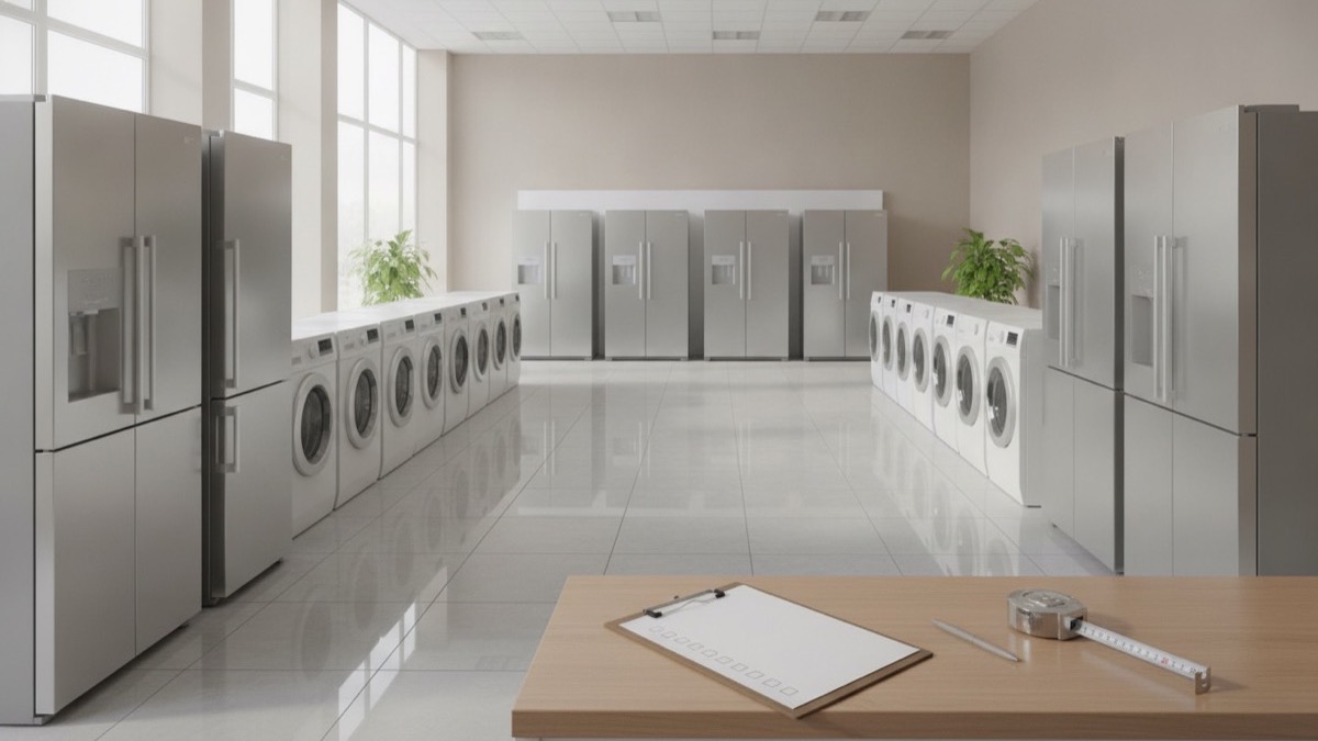 Stainless steel home appliances in a retail outlet showroom with an inspection clipboard