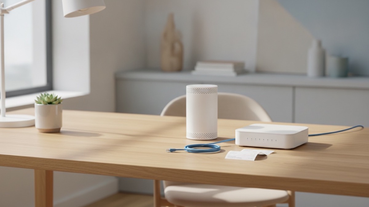 Purchased cable modem and Wi-Fi router on a home office desk next to an Ethernet cable